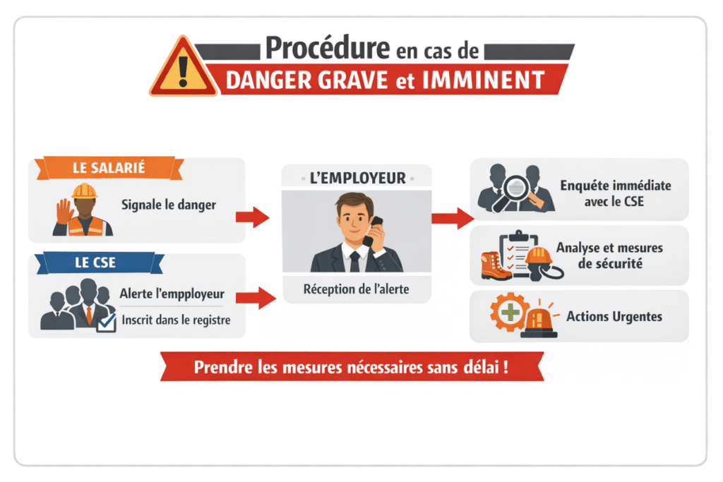 Autre pilier du dispositif : l’alerte en cas de danger grave et imminent. Ici, le droit vise la sécurité et la santé au travail dans ce qu’elles ont de plus concret. Il ne s’agit plus seulement d’analyser une situation ; il faut agir vite face à un risque susceptible de produire un dommage sérieux dans un délai très court.