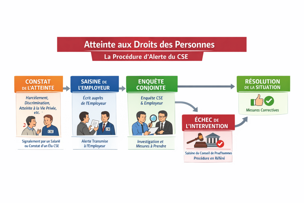 L’article L.2312-59 du Code du travail donne au CSE un droit d’alerte en cas d’atteinte aux droits des personnes, à leur santé physique ou mentale, ou à leurs libertés individuelles. Ce texte est fondamental, car il permet au comité d’agir sur des situations concrètes qui touchent directement le quotidien des salariés.